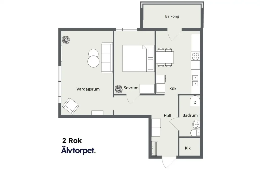 Planritning över lägenhet med 2 Rok på Älvtorpet, Sollefteå